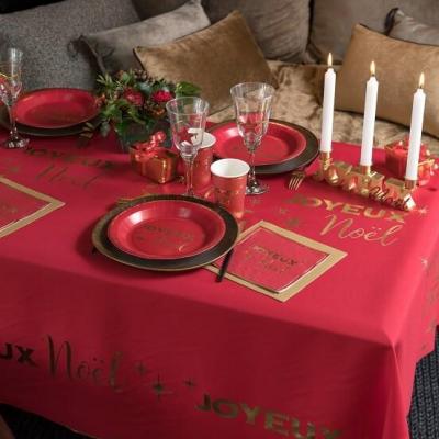 8097 nappe de table joyeux noel rouge dore or metallique