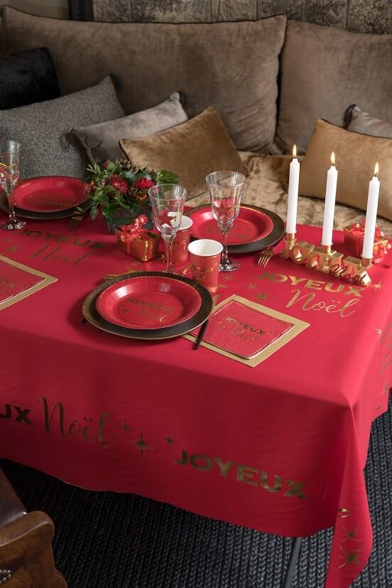 8097 nappe de table joyeux noel rouge dore or metallise