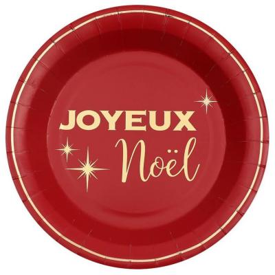 8106 assiette ronde carton joyeux noel rouge et dore or metal