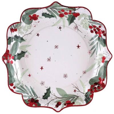 10 Assiettes en carton avec décoration Houx de Noël rouge 21cm REF/8193