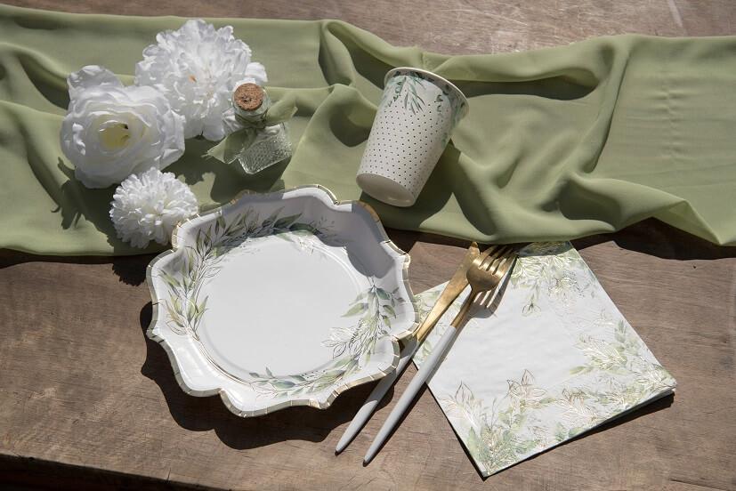 8375 decoration fete gobelet carton vegetal nature champetre blanc dore or metal et vert