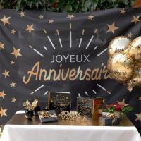 8442 decoration toile fond photo joyeux anniversaire noir et dore or metallique