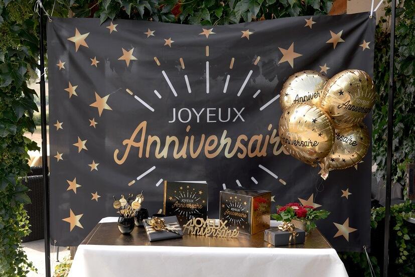 8442 decoration toile fond photo joyeux anniversaire noir et dore or metallique