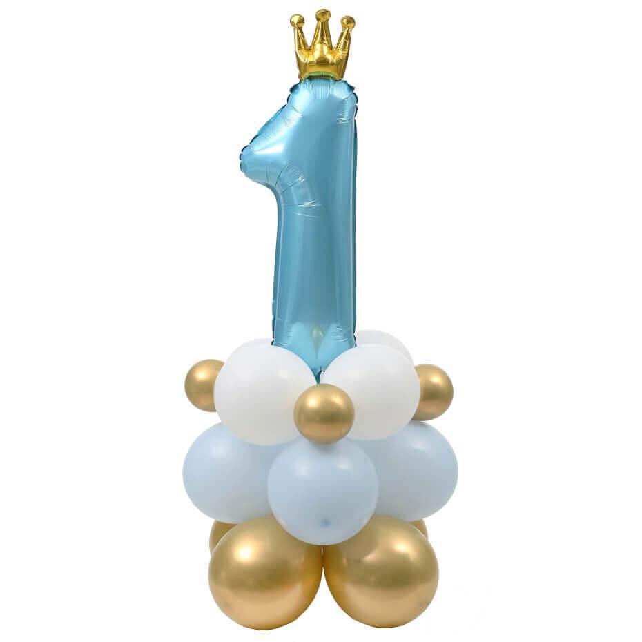 Ballon Chiffre 1 - Bleu - Avec Couronne Or - Décorations Anniversaire