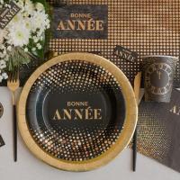 8578 serviette de table papier 3 plis bonne annee noire et doree or metallique