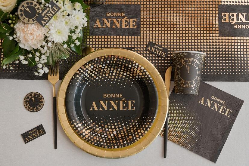 8578 serviette de table papier 3 plis bonne annee noire et doree or metallique