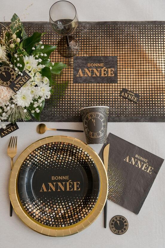 8578 serviette de table papier 3 plis bonne annee noire et doree or metallise