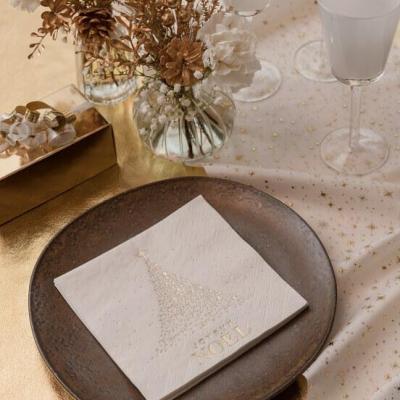 8660 serviette de table papier 3 plis joyeux noel blanc dore or metallique