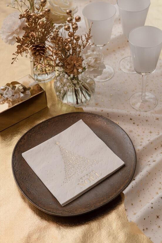 8660 serviette de table papier 3 plis joyeux noel blanc dore or metal