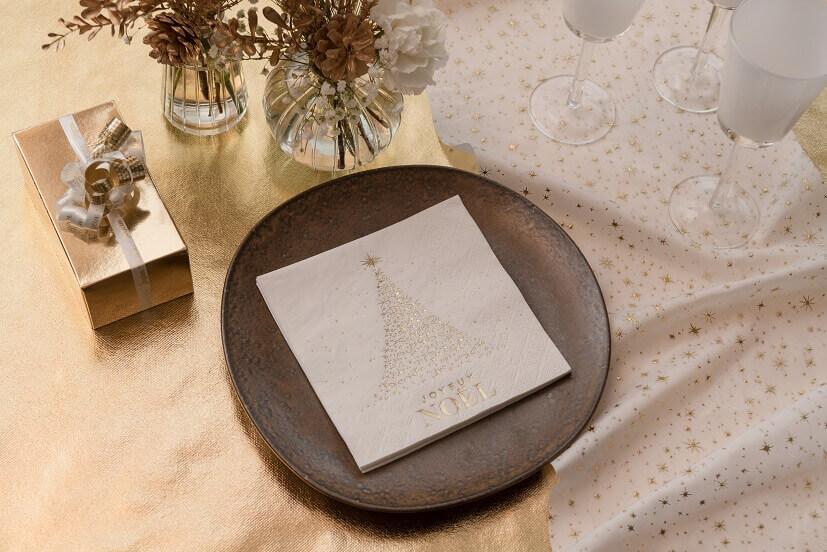 8660 serviette de table papier 3 plis joyeux noel blanc dore or metallise
