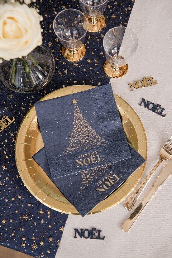 8660 serviette de table papier 3 plis joyeux noel bleu marine dore or metal