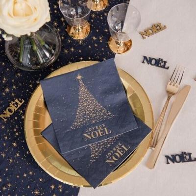 8660 serviette de table papier 3 plis joyeux noel bleu marine dore or metallique