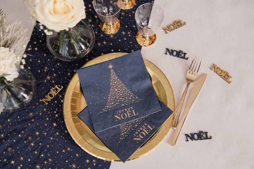 8660 serviette de table papier 3 plis joyeux noel bleu marine dore or metallise