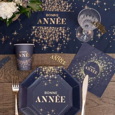 8666 serviette de table papier 3 plis bonne annee bleu marine dore or metal