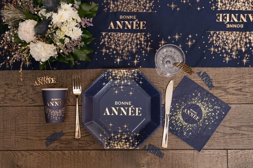 8666 serviette de table papier 3 plis bonne annee bleu marine dore or metallique