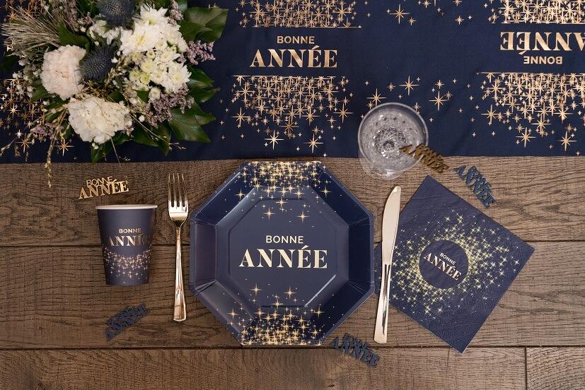 8667 decoration assiette carton bonne annee etincelante bleu marine et doree or