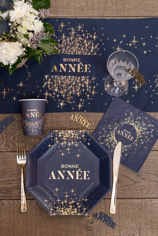 8667 decoration de table assiette carton bonne annee etincelante bleu marine et doree or