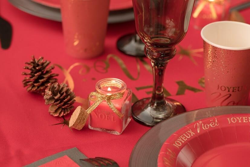 8713 bougie decorative joyeux noel dore or et rouge dans pot verre