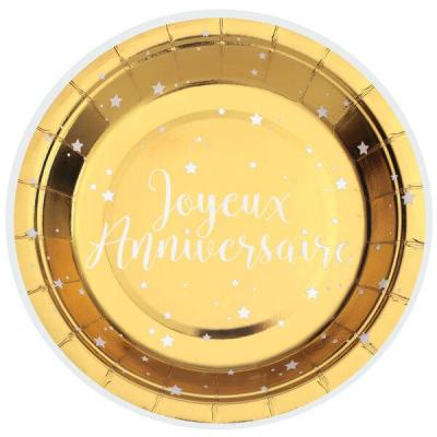 8978 assiette ronde carton 17cm joyerux anniversaire dore or metallique