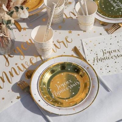 8978 assiette ronde carton 17cm joyerux anniversaire dore or metallique