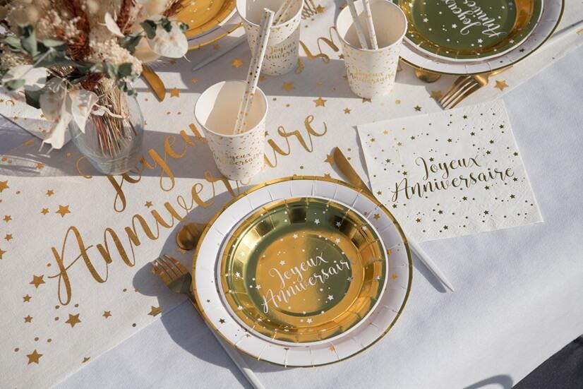 8978 assiette ronde carton 17cm joyerux anniversaire doree or metallise