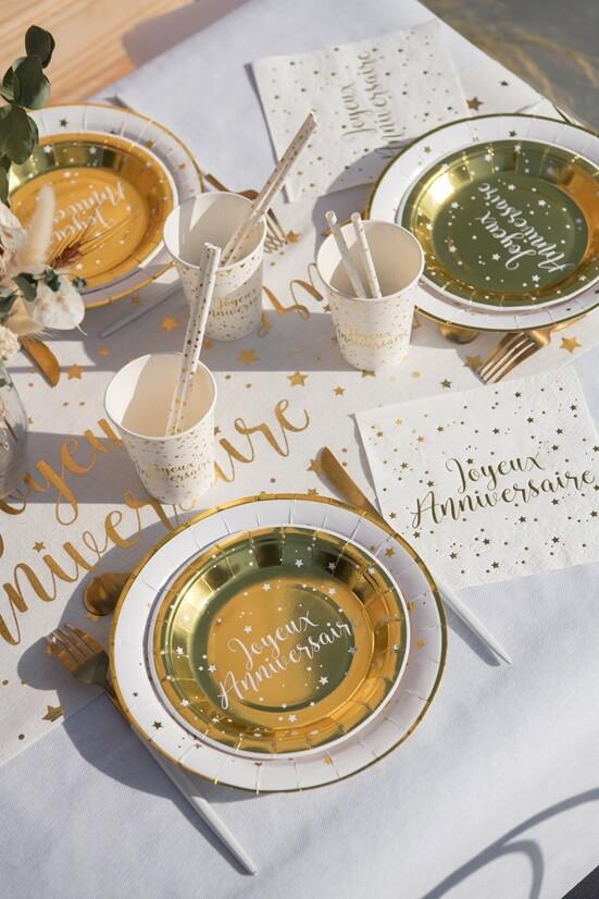 8978 assiette ronde en carton 17cm joyerux anniversaire dore or metallique