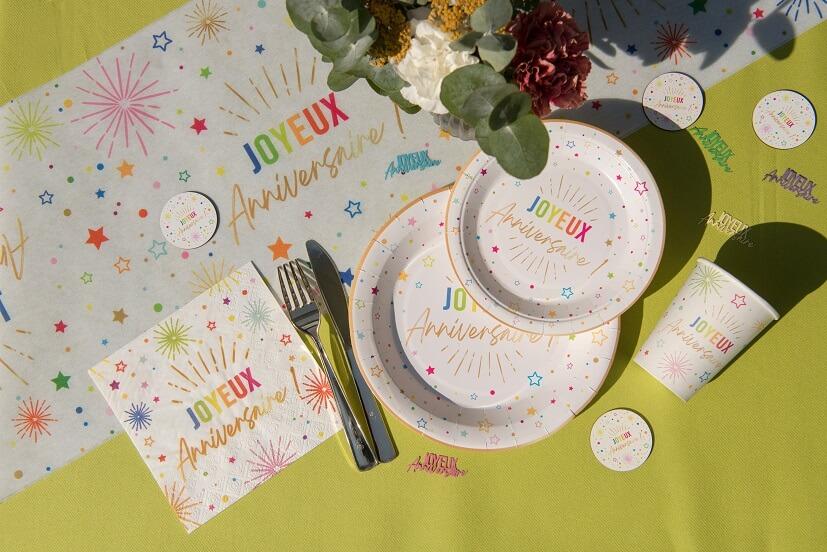 9019 assiette ronde en carton joyeux anniversaire blanche multicolore