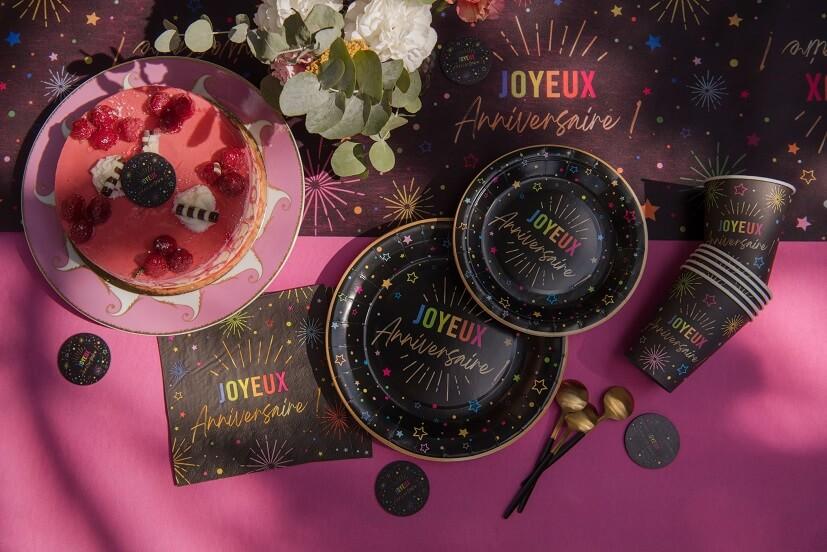 9019 assiette ronde en carton joyeux anniversaire noire multicolore