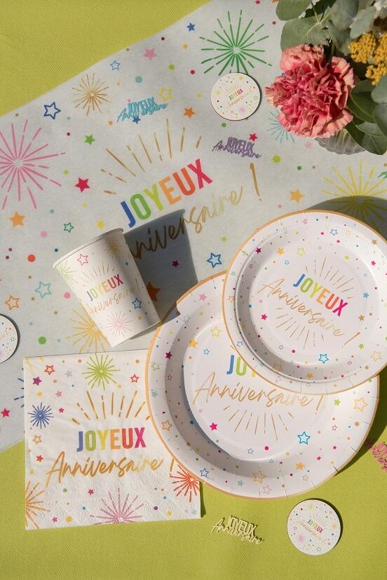 9019 vaisselle assiette ronde en carton joyeux anniversaire blanche multicolore