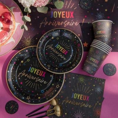 9019 assiette ronde carton joyeux anniversaire noire multicolore