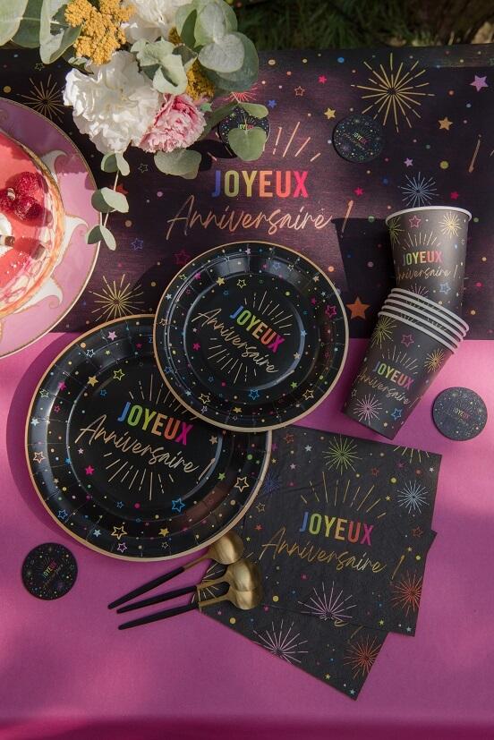 9019 vaisselle assiette ronde en carton joyeux anniversaire noire multicolore