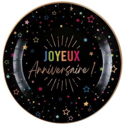 9035 petite assiette ronde carton joyeux anniversaire noire multicolore