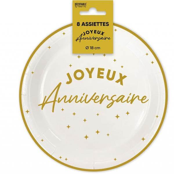 A18d00 assiette 18cm ronde carton jetable joyeux anniversaire dore or