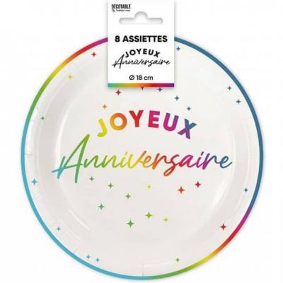 A18m00 assiette ronde jetable joyeux anniversaire carton multicolore 18cm