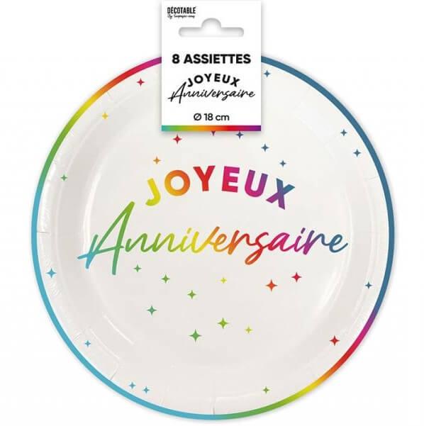 A18m00 assiette ronde jetable joyeux anniversaire carton multicolore 18cm