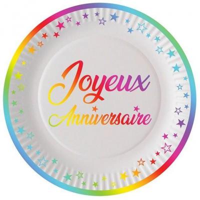 8 Assiettes rondes jetables Joyeux Anniversaire en carton multicolore de 18 cm REF/A18M00