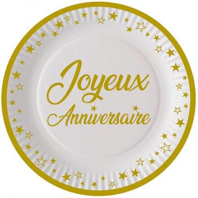 A23d00 assiette ronde jetable joyeux anniversaire carton dore or mat