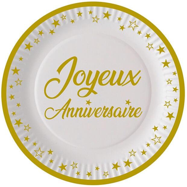 A23d00 assiette ronde jetable joyeux anniversaire carton dore or mat