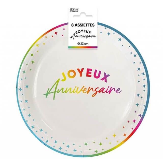 A23m00 assiette ronde en carton 23cm joyeux anniversaire multicolore