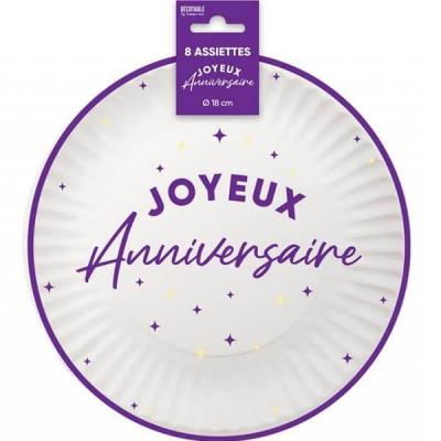 Aa1824vl assiette ronde carton joyeux anniversaire blanc violet astral 18cm