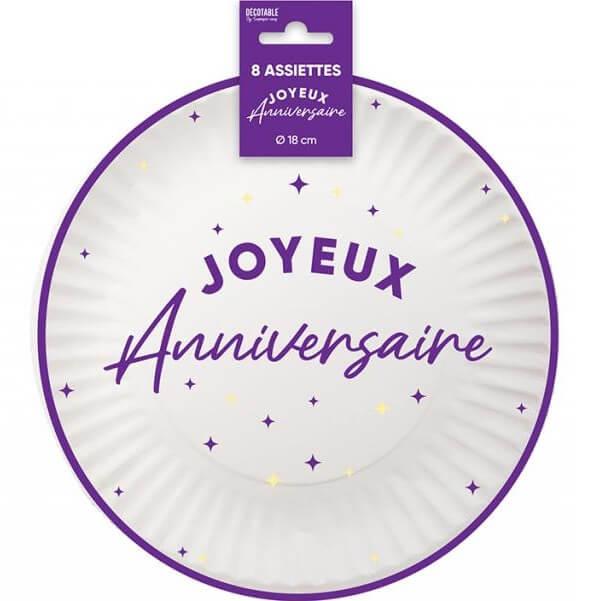 Aa1824vl assiette ronde carton joyeux anniversaire blanc violet astral 18cm