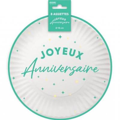 Aa1824 assiette ronde carton joyeux anniversaire vert mint et blanche 18cm