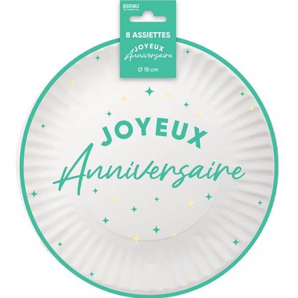 Aa1824vr assiette rond joyeux anniversaire blanche et vert mint