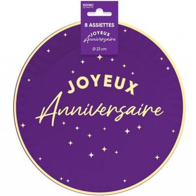 Aa2324vl assiette ronde carton joyeux anniversaire violet astral 23cm