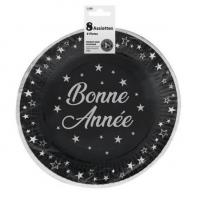 Aa2399a assiette ronde en carton bonne annee noir et argentee