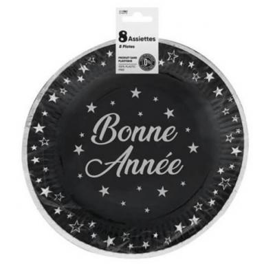 Aa2399a assiette ronde carton bonne annee noir et argentee