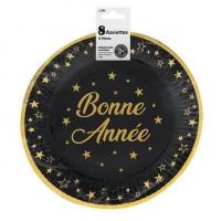 Aa2399d assiette ronde en carton bonne annee noir et doree or