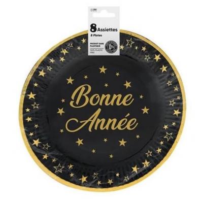 Aa2399d assiette ronde carton bonne annee noir et doree or