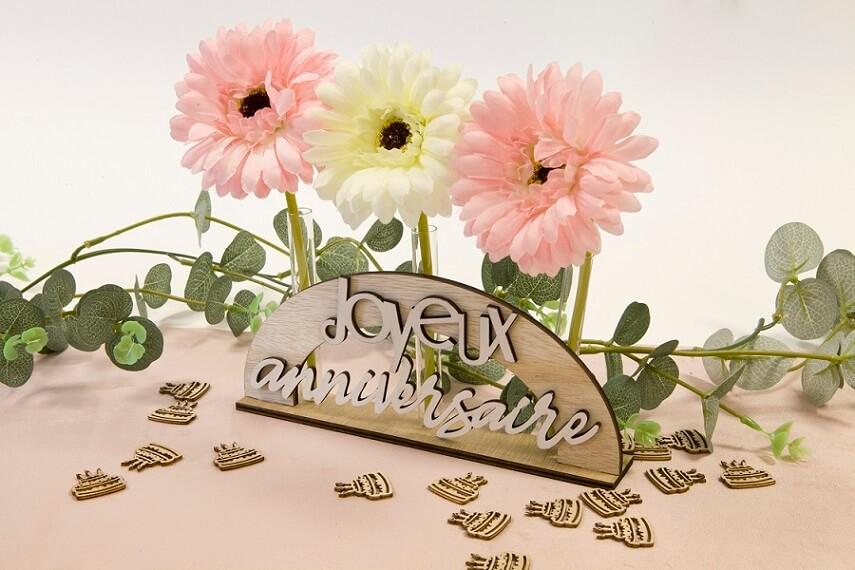 Aa3019 decoration centre de table joyeux anniversaire eprouvette bois