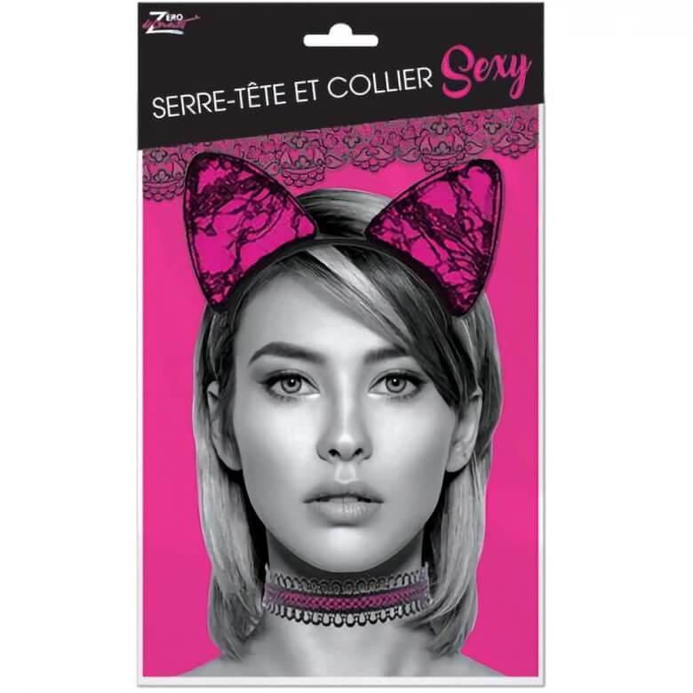 Accessoire de deguisement serre tete et collier sexy noir et rose fuchsia